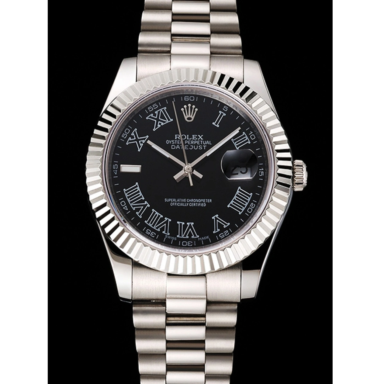MiroTime 1024 Swiss Rolex Datejust Black Dial Roman Numerals Stainless Steel Case And Bracelet